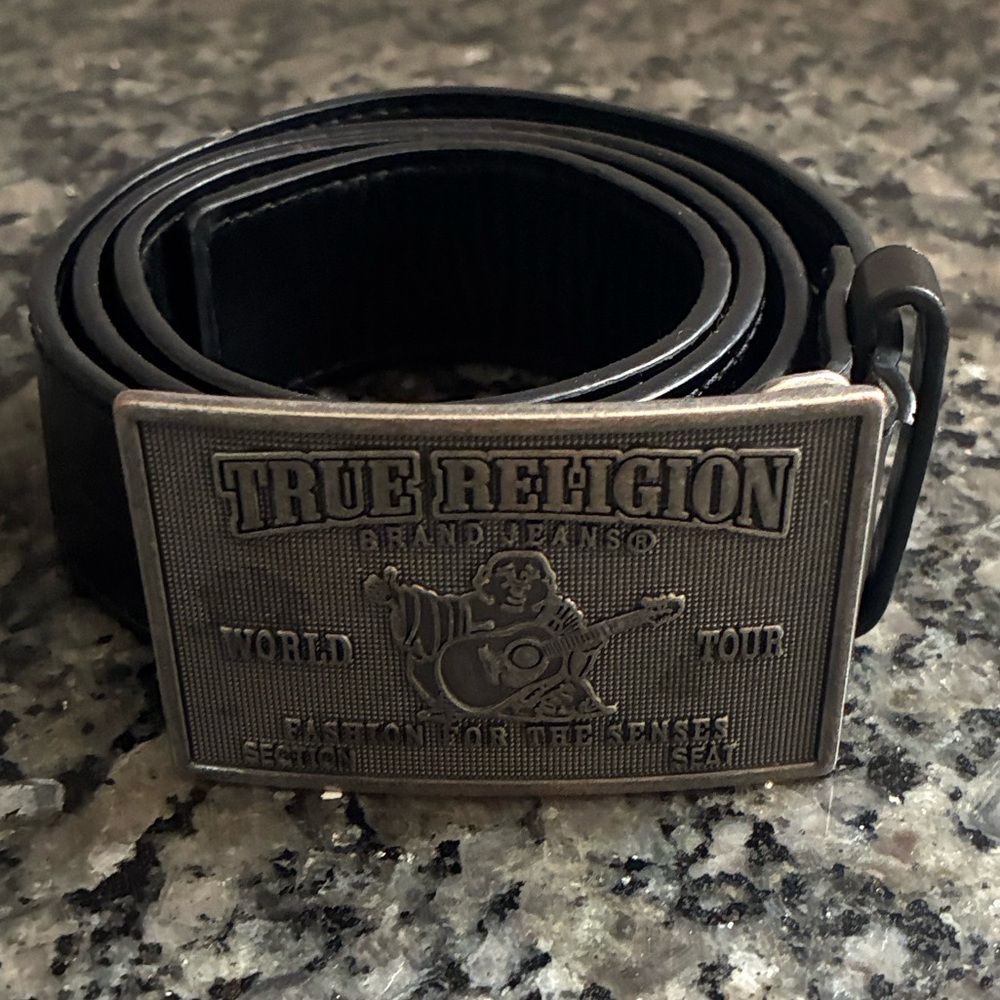 True Religion Black Leather Belt with Metal Logo Buckle
